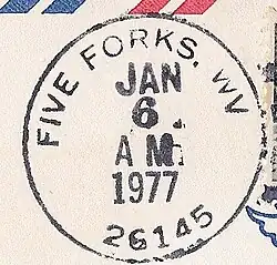 Five Forks West Virginia postmark with the retired 26145 ZIP Code