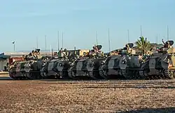 Armoured personnel carriers used by an Australian infantry battalion, parked during training activities in 2021.