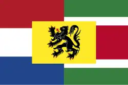 A mixed national flag of the Netherlands, the Belgian region of Flanders and Suriname, representing Dutch
