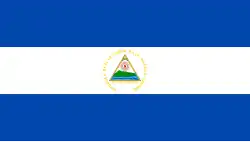 A blue-white-blue horizontal triband with the national coat of arms in the center