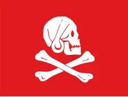 Popular version of Henry Every's Jolly Roger. Supposedly, Every also flew a version with a black background.[70] There is no period evidence to support this as an authentic flag of Every’s.[25]