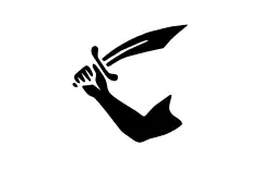 Flag of buccaneer Edward Davis, described in Burney's History of the Buccaneers (1816): "as he was furnished with a French commission, and France was still at war with Spain, he carried aloft a white flag, in which was painted a hand and sword."[60]