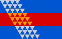 Flag of the Robinson Rancheria of Pomo Indians of California , (A bend, barry-indented counterchanged)