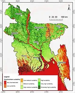 বন্যা আশ্রয়কেন্দ্রের নির্মাণের জন্য উপযুক্ত এলাকা দেখানো বাংলাদেশের একটি মানচিত্র