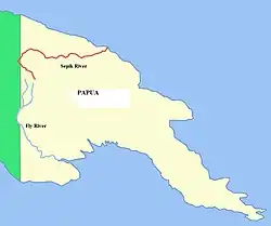 Map showing how the Sepik and Fly rivers emerge from a similar area of the highlands before flowing out the northern and southern coasts respectively