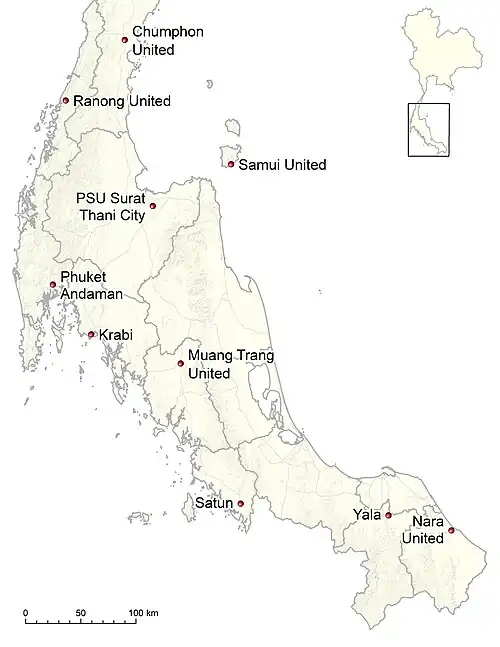 Locations of the 2025–26 Thai League 3 Southern Region clubs