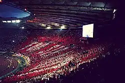 A full stadium, with fans holding up white and red cards to make a giant mosaic.
