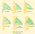 Formation of the Bassin d'Arcachon at 4000 BC, 400 BC, 700 AD, 1300 AD, 1708 AD and today. Green areas are mud and sand bars. Beige areas are sand dunes.