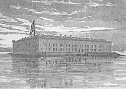 Etching of a stone fortification on a small island surrounded by water