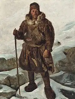 A painted portrait of a Sámi man standing outdoors in a snowy landscape, wearing a fur-lined coat, trousers, boots, and a headband, and holding a walking staff.
