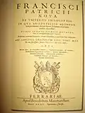"The New Universal Philosophy" (Latin: "Nova de universis philosophia") - title page; published in Ferrara in 1591