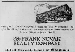 Frank Novak Realty Company advertisement in the Telegraf, December 28, 1928.