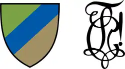 Lettonia colour shiield un Cirkel with first letters from the motto "Vivat, Crescat, Floreat Lettonia!"