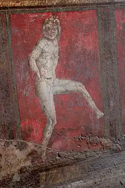 A satyr dancing. A fresco from the cubiculum in the Villa of the Mysteries. From Pompeii. Date: 80 to 70 BCE [75]