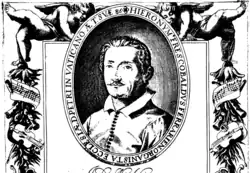 Portrait of Girolamo Frescobaldi from the frontispiece of ""Toccate e partite d'intavolatura, Libro 2"". C. 1637. Bologna, Museo civico Museo.