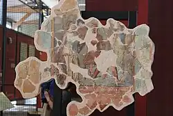 Greek mythological fresco showing the Nereid Thetis on the left giving her weapons to Achilles on the right.