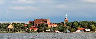 Panorama of Frombork with the Gothic Cathedral and Gothic-Baroque Radziejowski Tower in the middle