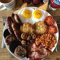 Full English breakfast (19th century) with sausage, bacon, beans and tomatoes (from the Americas, by 18th century[65]) and eggs