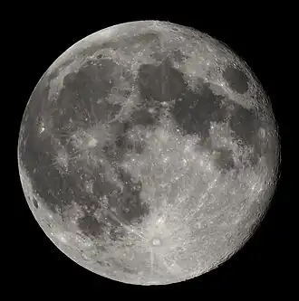 Image 21 Full moon Photo credit: Luc Viatour Full moon is a lunar phase that occurs when the Moon is on the opposite side of the Earth from the Sun, and when the three celestial bodies are aligned as closely as possible to a straight line. At this time, as seen by viewers on Earth, the hemisphere of the Moon that is facing the Earth (the near side) is fully illuminated by sunlight and appears round. Only during a full moon is the opposite hemisphere of the Moon, which is not visible from Earth (the far side), completely unilluminated. More selected pictures