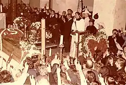 Marianna Popiełuszko (next to the priest) attending her son Jerzy's funeral with her husband, Władysław (1984)