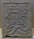 Fuxi and Nüwa with tower and twin dragons, China, unearthed from a cliff tomb, Alkali factory, Pengshan, Eastern Han dynasty, 25–220 AD
