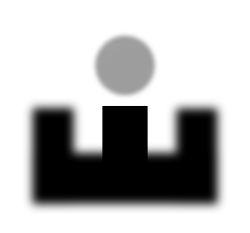 A 6 o'clock open pistol sight picture with focus on the front sight element; the out-of-focus gray dot represents the target.