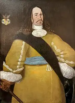 A portrait painting of a man from the 17th century in gold clothing with a white ruff.
