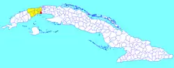 Güira de Melena municipality (red) within Artemisa Province (yellow) and Cuba