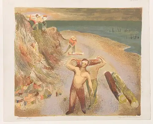 Gathering Logs, c. 1939, color screenprint