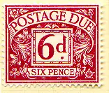 British stamp in 6 pence. The symbol of the penny is the first letter in the word denarius