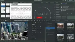 Image 8GNOME Shell, GNOME Clocks, Evince, gThumb and GNOME Files at version 3.30, in a dark theme
