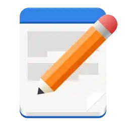 Logo for GNOME Text Editor, which depicts an orange pencil writing lines on a white paper with blue borders along the top and bottom