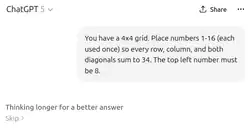 A screenshot of a conversation in ChatGPT. A user asks the chatbot to create a four-by-four magic square, with constraints that the square must sum to 34 and that the top-left cell must be 8. The interface indicates that the GPT-5 model is "Thinking longer for a better answer" and provides the user with an option to skip this slower reasoning step.