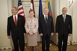 Image 28George W. Bush, Vaira Vīķe-Freiberga, Arnold Rüütel, and Valdas Adamkus in Riga, May 7, 2005. (from History of Latvia)