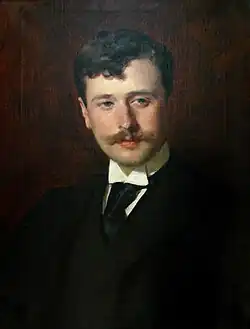 Oil painting of a youngish white man with moustache and full head of brown hair