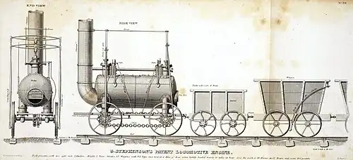 1826 US engraving of "the rear and side view of George Stephenson's steam locomotive and railroad cars of the Stockton and Darlington Railway". The drive chain linking the two axles of the locomotive may be seen, as can the short vertical pipes above each wheel, containing the steam springs.