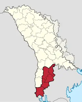 Map of the territory claimed by the Gagauz Republic; control over all of this area was relative