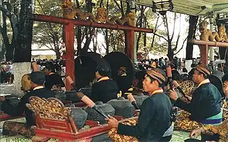 Javanese Gamelan Munggang (one of sacred gamelans) being played (as part of ritual) in Surakarta Sunanate, Central Java, 2000