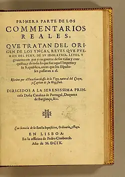 Title page of Comentarios Reales de los Incas (1609)