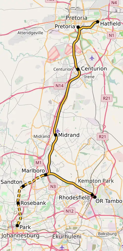 Gautrain route. The striped section is underground.
