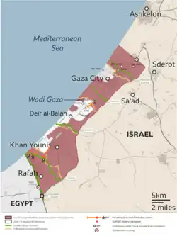 Map of Israeli military corridors in Gaza, including the Morag Corridor. The Morag Corridor separates the Gaza Strip between Khan Yunis and Rafah, stretching northwest from Israel to the Mediterranean Sea