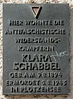 In 1976, a memorial plaque to Schabbel was placed at 63 Conrad-Blenkle-Straße, Prenzlauer Berg in Berlin