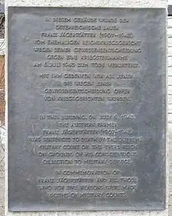 Plaque to Franz Jägerstätter at the former Reichskriegsgericht in Berlin