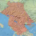Geographic map of the Serbian Empire overlaid with modern borders