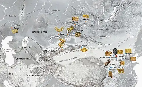 Dongtalede in the geographical distribution of early gold and silver artefacts found in Northwest China and Central Asia (8th-3rd century BCE).[3]