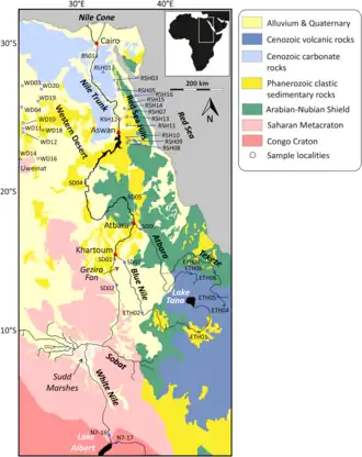 A map of northeast Africa, where various areas are shaded different colors indicating the geological ages of rocks found in each region.