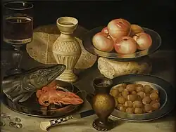 Still Life with Bread, Hazelnuts, Seafood and Apples