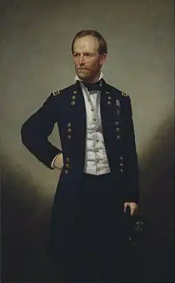Painting of a white man in a military uniform standing and facing the viewer; there is a war medal on his uniform and he holds his hat at his side