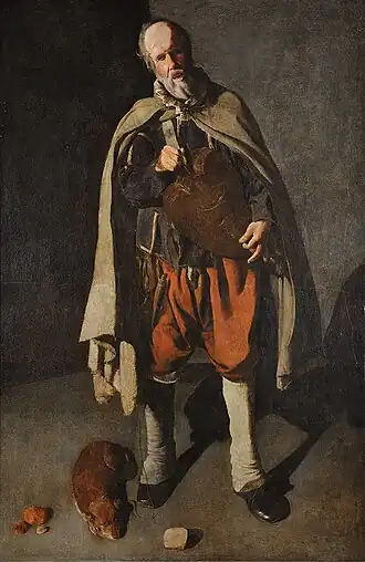 The Hurdy-Gurdy Player with a Dog, 186 × 120&nbsp;cm, musée municipal de Bergues, c. 1622-1625