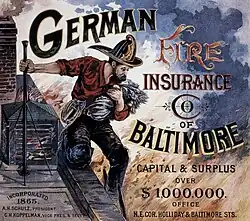 Color painting and advertisement showing a fireman descending a ladder carrying a baby as a building is burning